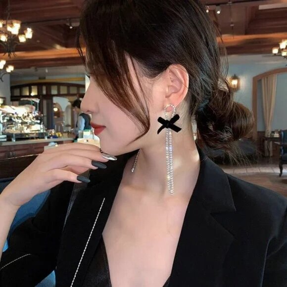 Long Rhinestone Drop Velvet Bow Earrings - Picture 4 of 5